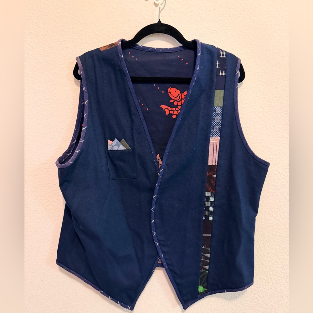 Blue Hand Made/Painted Reversible Patchwork Vest